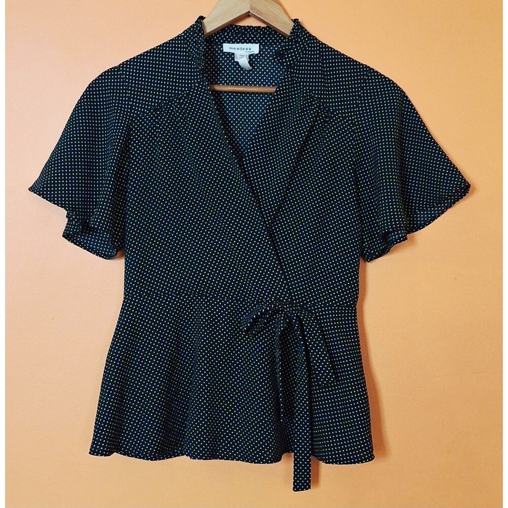 Monteau Women's Black & White Polka Dot Wrap Tie Blouse V-Neck Short Sleeve M